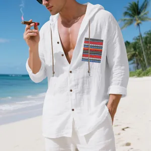 Men's casual white hooded linen shirt featuring a vibrant bohemian striped chest pocket
