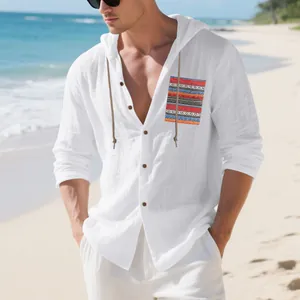 Men's white bohemian linen hooded shirt featuring a colorful patterned chest pocket detail