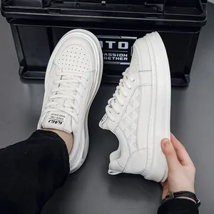 Men's breathable white leather sneakers with thick platform soles for casual wear
