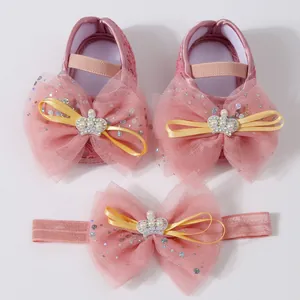 Ensemble chaussures princesse bébé en dentelle rose et bandeau pour nouveau-nés 0-1