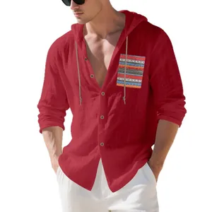 Casual men's bohemian red linen hooded long sleeve shirt with striped pocket detail