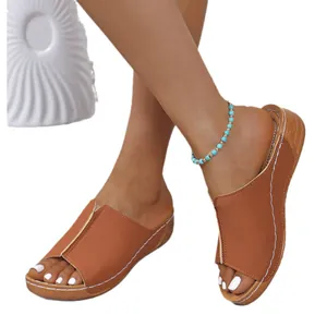 Stylish brown faux leather platform wedge slides for women with contrast white stitching