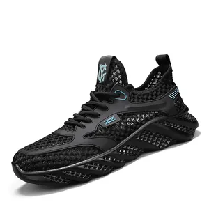 Men's breathable black mesh outdoor travel sneakers with decorative blue accents