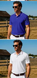 Λεπτομέρεια lifestyle από ανδρικά μπλουζάκια Polo που στεγνώνουν γρήγορα σε μπλε και λευκό.