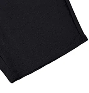 Close-up view of black breathable linen fabric texture and stitching for men's shorts.