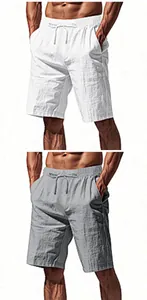 Detailed view of men's breathable summer linen shorts in classic white and grey colors