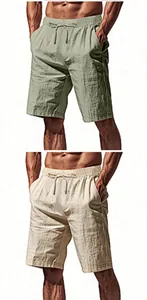 Breathable men's summer linen shorts in sage green and khaki with drawstring waist