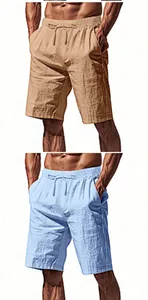 Close-up showing texture of khaki and light blue breathable linen shorts for men.