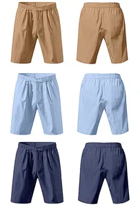 Detailed view of lightweight men's summer linen shorts in khaki, light blue, and navy.