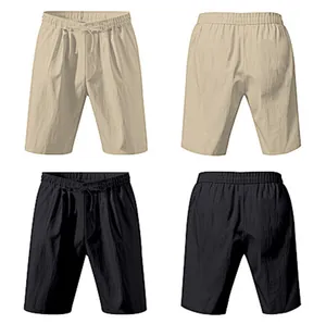 Detail view showing front and back of beige and black linen shorts in a grid layout