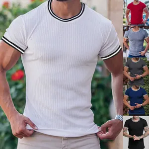 Men's slim-fit ribbed athletic T-shirt with striped crew neck in multiple color options