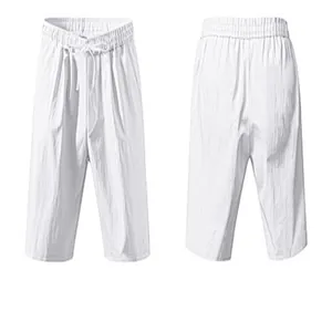 Detailed front and back view of men's white breathable linen summer drawstring shorts