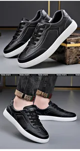 Baskets décontractées en cuir véritable noir pour hommes avec semelle blanche et fini texturé