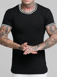 Close-up detail showing the black ribbed texture and striped collar of this men's slim fitness t-shirt