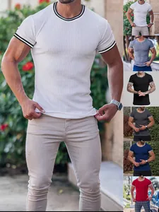 Men Slim Fit Ribbed T-Shirt Short Sleeve Round Neck Contrast Stripe Cuff Sport Fitness Casual Polyester Top