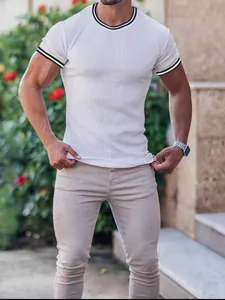 Men's athletic slim-fit white T-shirt with vertical stripes and ribbed round neck