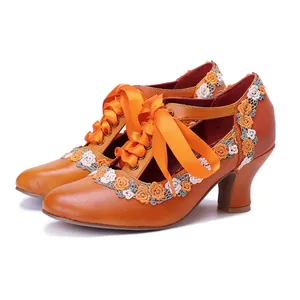 Women Handmade Sheepskin Mary Jane Heels Vintage Rubbed Orange Lace Trim Ribbon Lace-up Dress Shoes With Wine Glass Heel