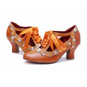 Vintage orange handmade leather Mary Jane high heels with floral lace and ribbon ties