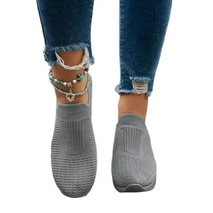 Grey breathable fly-knit mesh women's loafers sneakers for comfortable casual daily wear