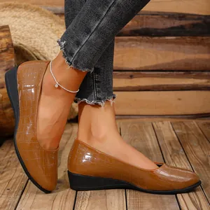 Stylish brown crocodile embossed patent leather wedge shoes for women casual spring style