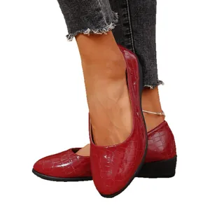 Red crocodile pattern pointed toe wedge flats with comfortable low heel for women's wear