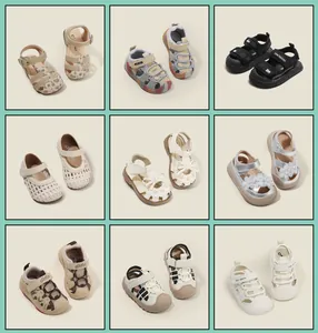 Detailed collage showing various styles of children's anti-kick sandals and walking shoes