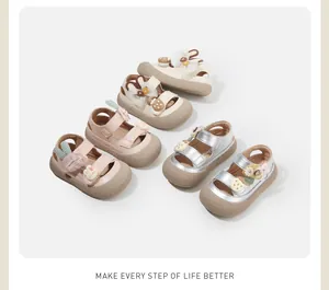 Collection of cute closed-toe baby walking shoes in pink, beige, and silver colors