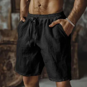 Vista dettagliata dei pantaloncini da uomo in cotone e lino neri con vita regolabile