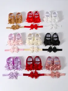 Lace princess baby walking shoes and matching headband sets in various colors for girls