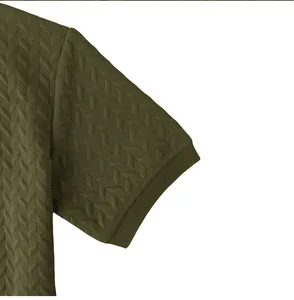 Close-up detail of olive green men's polo shirt with textured chevron jacquard pattern