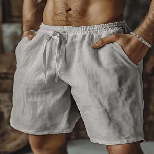 Pantaloncini casual in cotone e lino bianco con coulisse, vita elastica e gamba dritta