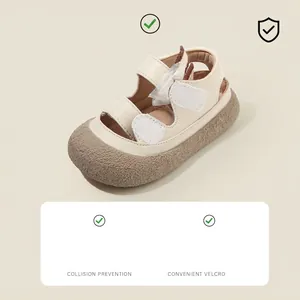 Beige closed-toe toddler girl sandals with anti-collision design and velcro straps