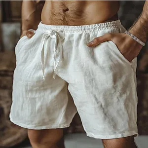 Pantaloncini da uomo in cotone e lino traspirante con coulisse per spiaggia e tempo libero