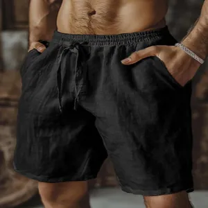 Pantaloncini uomo in cotone e lino nero traspirante con coulisse per spiaggia.