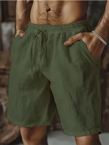 Pantaloncini da uomo in cotone e lino verde oliva con coulisse ed elastico in vita