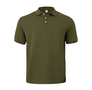 Detailed view of men's olive green heavy jacquard polo shirt with herringbone texture