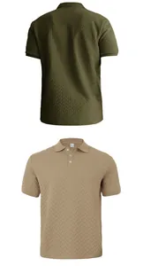Detail view of men's polo shirts in olive and khaki featuring textured jacquard