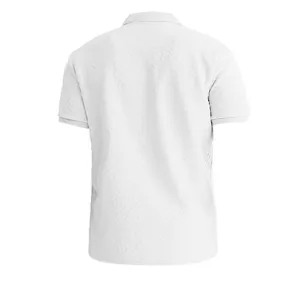 Detailed back view of men's white heavyweight jacquard polo shirt showing texture