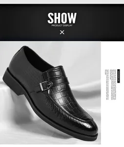Side view of elegant black crocodile-embossed leather monk strap shoes for men