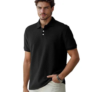 Elegant black men's short sleeve polo shirt with distinct chevron jacquard texture on model