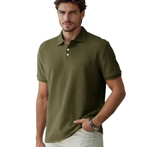 Men's olive green heavy jacquard polo shirt featuring a casual business short sleeve design