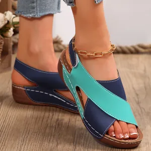 Detailed view of women's color-block wedge sandals featuring navy blue and teal straps