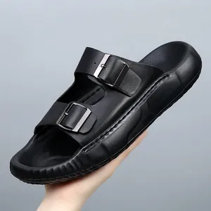 Sandales en Cuir de Vache de Première Couche pour Hommes Style Birkenstock Antidérapantes avec Double Boucle Réglable pour Plage et Loisirs
