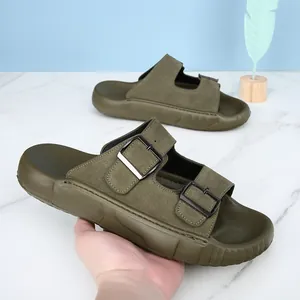 Mules haut de gamme en cuir vert olive pour hommes avec double boucle et semelle antidérapante