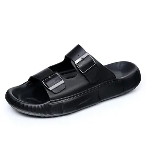 Sandales Birken pour hommes en cuir véritable noir haut de gamme à boucles réglables