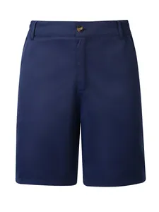 Detailansicht der dunkelblauen Herren-Freizeit-Sportshorts mit Gummibund und Knopf.