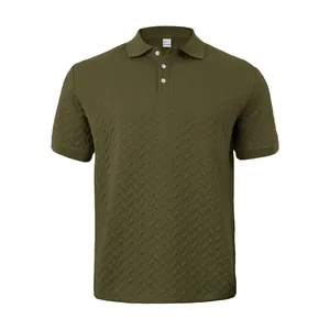 Men's olive green summer short sleeve polo shirt with textured jacquard herringbone
