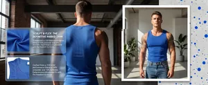 Detailed view of blue ribbed tank top showing fabric texture and athletic fit on model