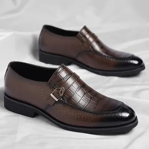 Men Business Casual Leather Shoes Monk Strap Loafers Crocodile Texture Embossed Slip-on Dress Shoes Rubber Sole