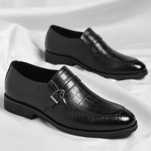 Elegant black crocodile-embossed leather monk strap loafers for business casual wear
